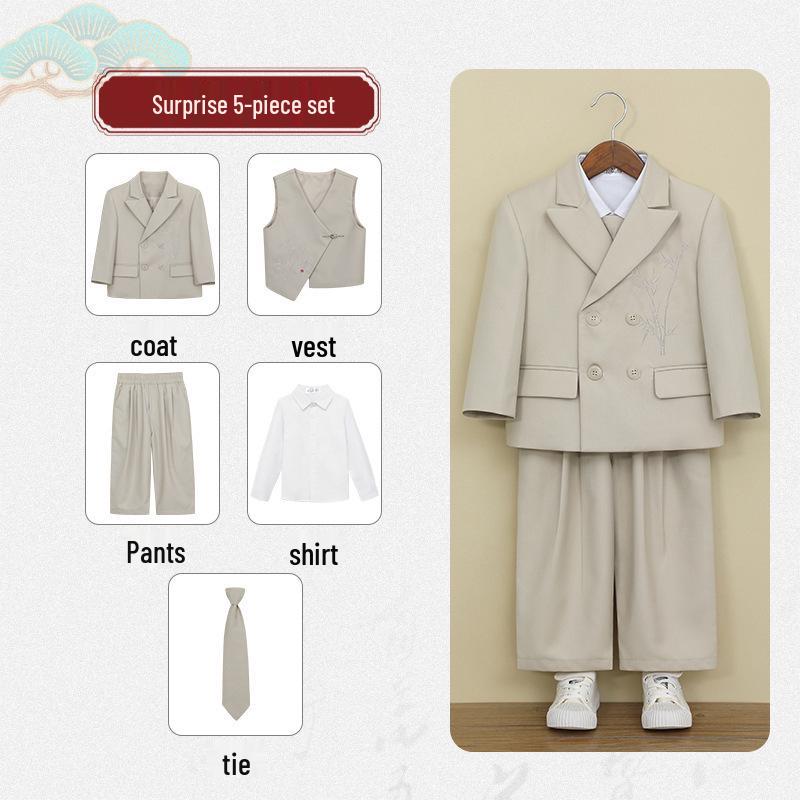 Boys' Chinese-Style Embroidered Velvet Vest and Suit for Autumn/Winter Photography and Performance