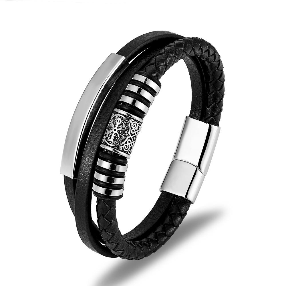 Viking Vintage Men's Leather Bracelet, Multi-layered Weave, Stainless Steel Magnetic Clasp, Motorcycle-style Accessory