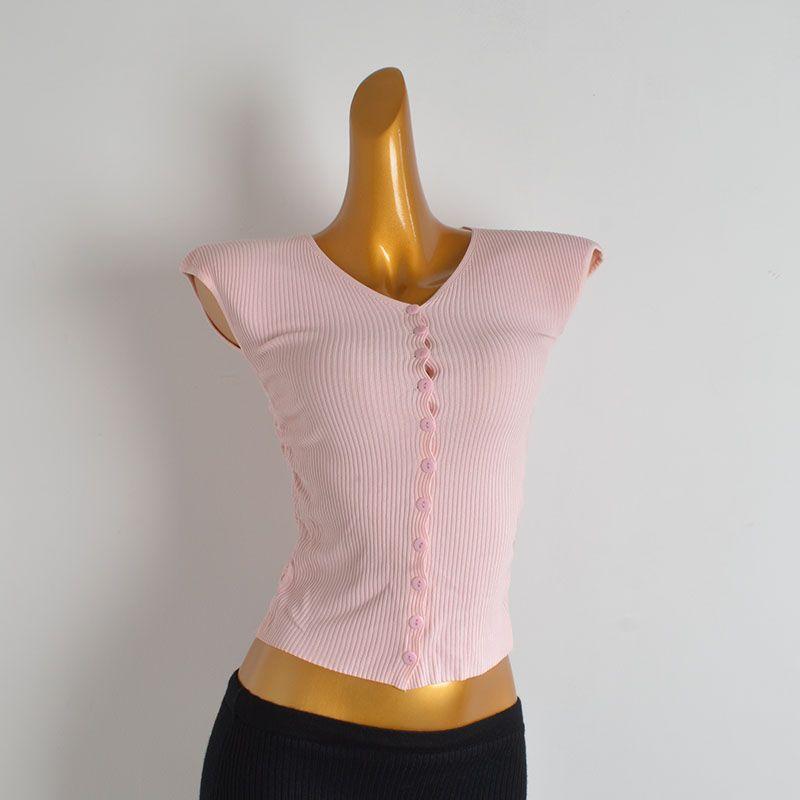 Summer Pure Color New Arrival V-neck Ruffled Sleeve Ice Silk Knitting Bottoming Cardigan Women's Clothing Fitted Waist Pleated T-shirt Tops Fashion