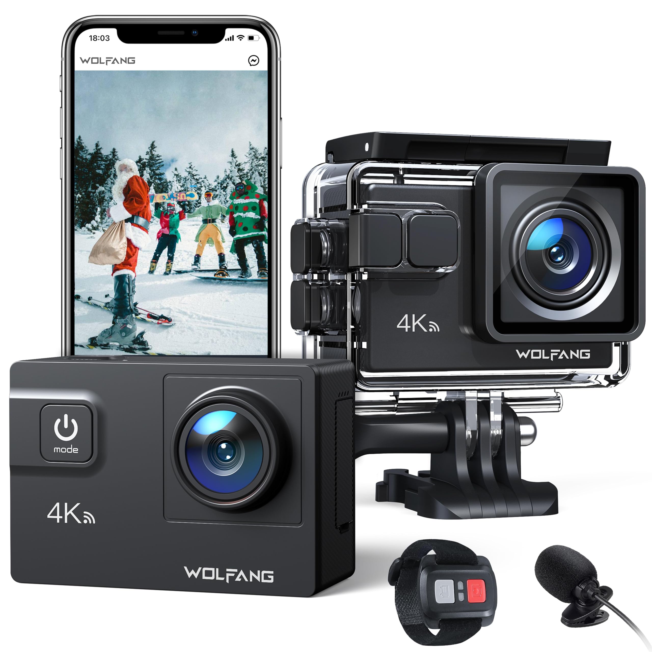 

WOLFANG GA300 Action Camera External 4K 24MP Underwater Camera 40m HDMI Dual 1350mAh Remote Headset and Extensive Accessories [with Microphone] (with