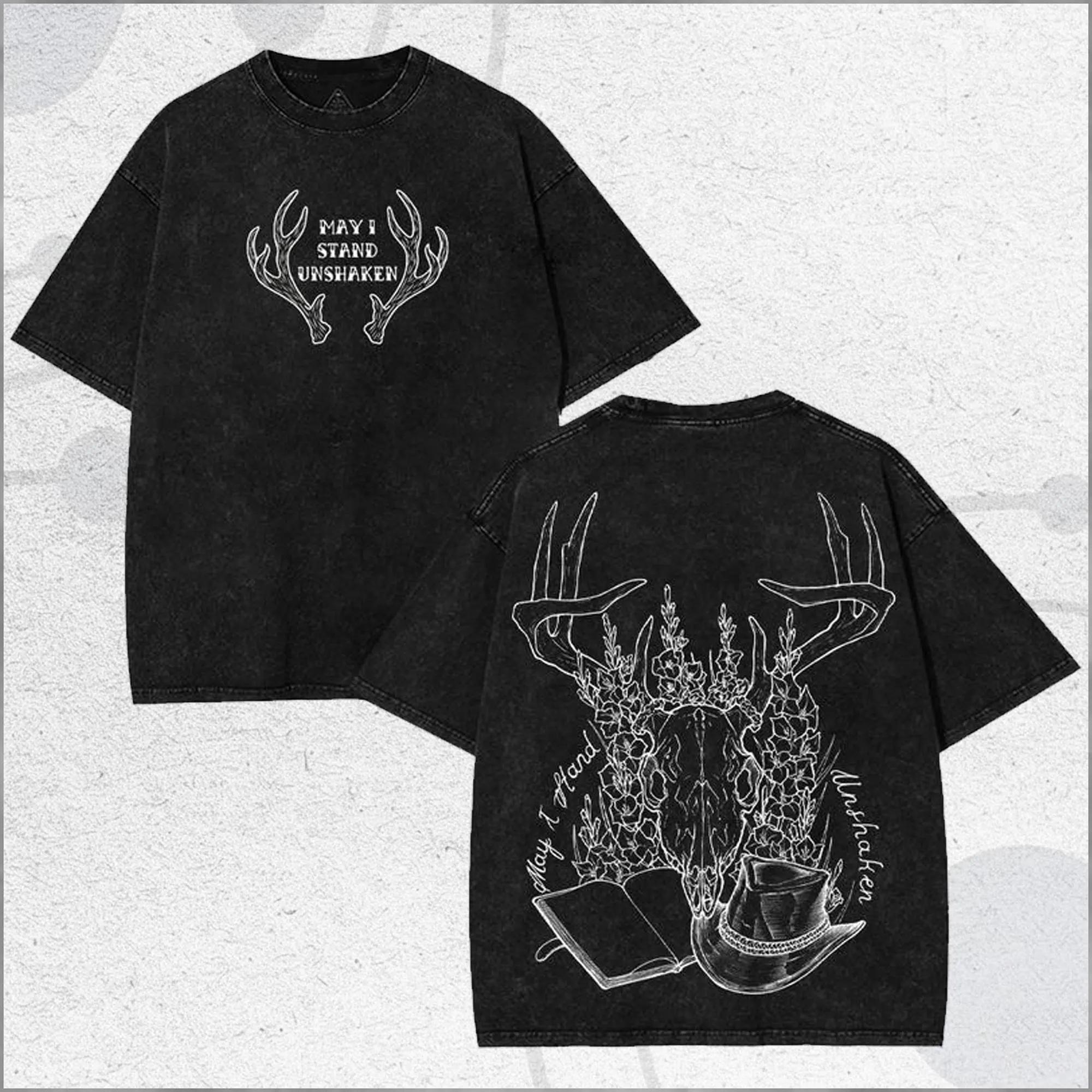 

Summer Hot Selling Women Vintage Washed May I Stand Unshaken Deer Skull Line Tee Dark Western Cowboy Game Shirt M