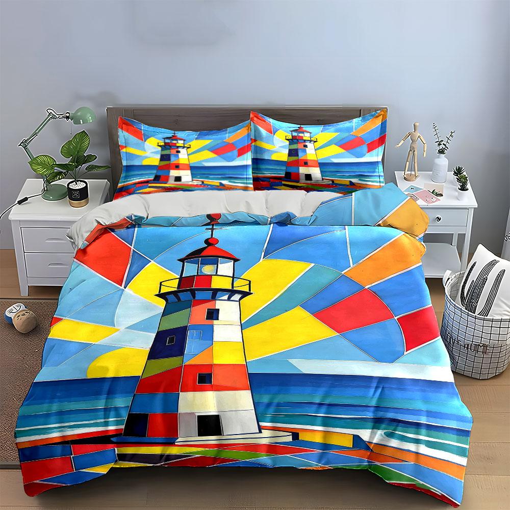 Lighthouse with Colorful Rays. Bedding Sets Duvet Cover Sets Duvet Covers Pillowcases(1 * Duvet Cover 2 * Pillowcases Without Duvet Insert)