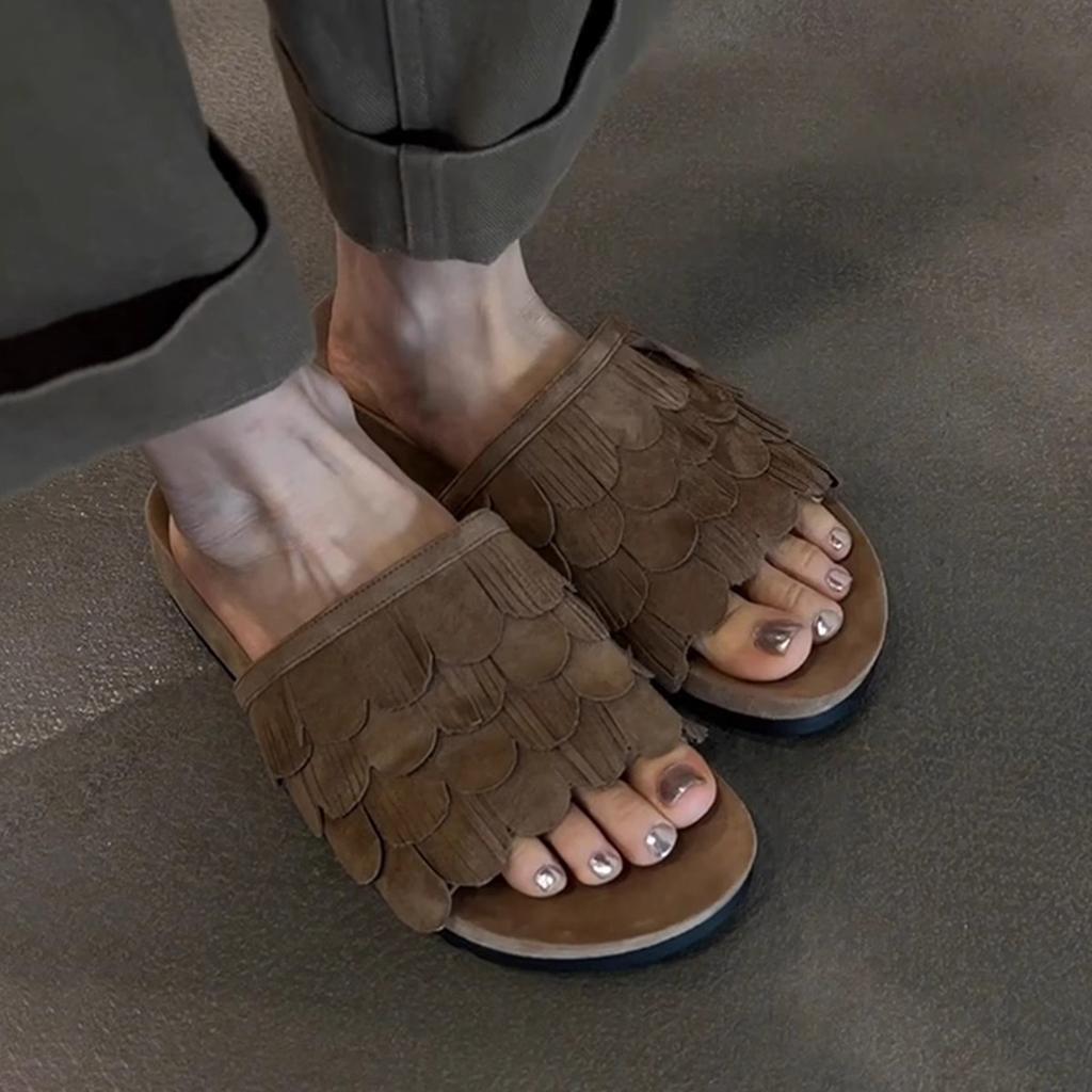 Sheepskin Version~ Old Money Style Retro Fashion Platform Beach Shoes Women's Tassel Flat Bottom Round Head Open Toe Cool Slippers