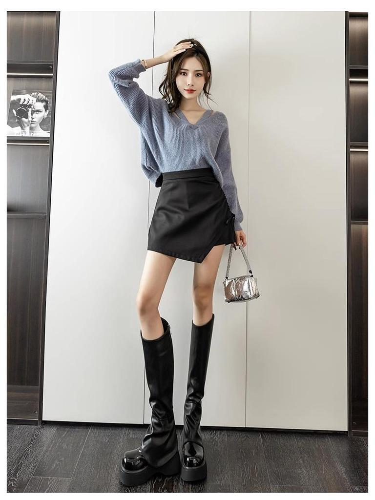 A-line Pleated Irregular Midi Culottes Skirt, High Waist, Slimming, Hip-Hugging, Women's Spring/Autumn 2024