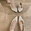 Spitze Einzel-Schuhe Damen 2025 Frühling neue Mode Französische Strass Ein-Wort-Riemen Abend Höhe erhöhen flache Schuhe