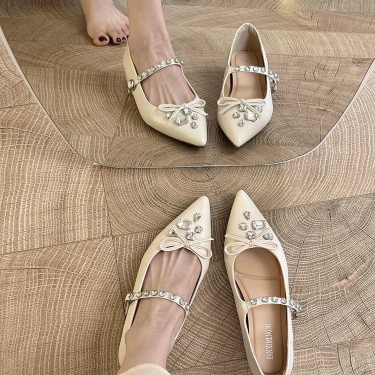 Spitze Einzel-Schuhe Damen 2025 Frühling neue Mode Französische Strass Ein-Wort-Riemen Abend Höhe erhöhen flache Schuhe