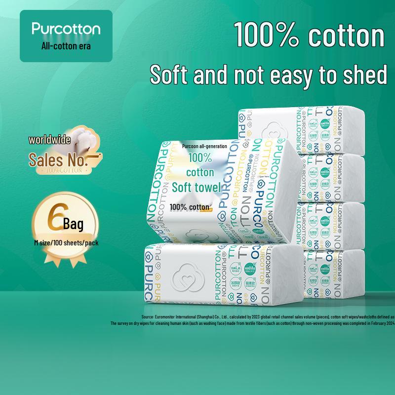Purcotton Soft Dual-Use Disposable Face Towels, M Size (6 Packs) - Pure Cotton Wipes for Dry & Wet Cleaning and Makeup Removal.