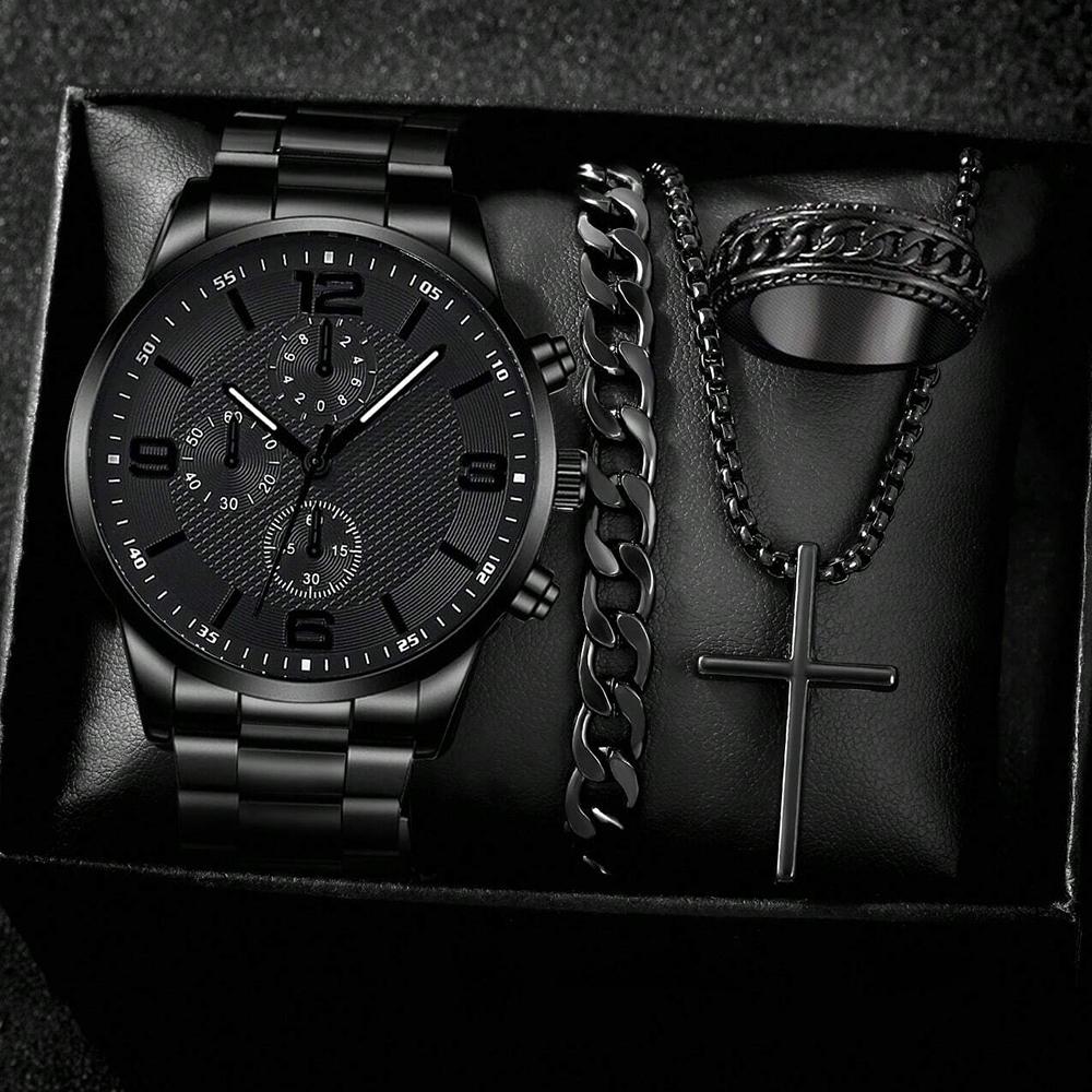 

4 шт. Подарочная коробка для деловых мужчин Набор часов Модный тренд Кварцевые часы Браслет Кольцо Набор Кольцо Идеальный подарочный набор для друзей или папы чёрный