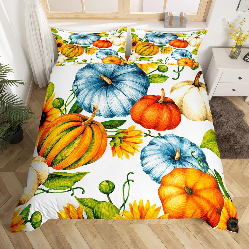 Fal Bedrom Decor Beding Set Twin Quen for Young Girls Women Autumn Harvest Theme Soft Duvet Cover Rustic Pumpkin Print Warm Comforter Cover