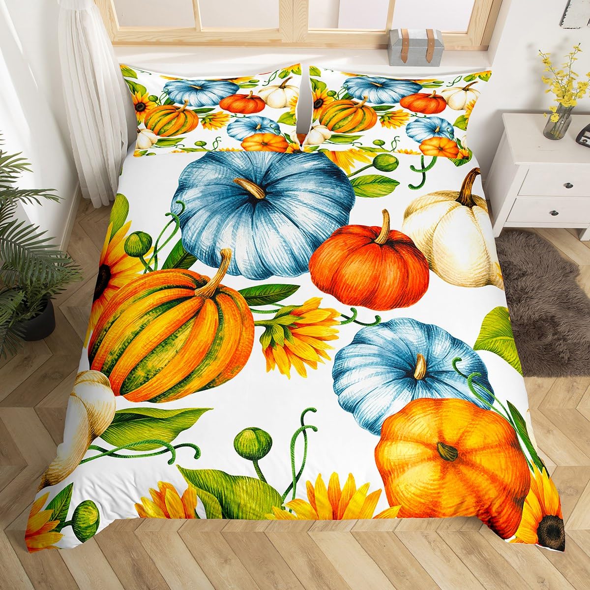 

Fal Bedrom Decor Beding Set Twin Quen for Young Girls Women Autumn Harvest Theme Soft Duvet Cover Rustic Pumpkin Print Warm Comforter Cover 120*200cm Single