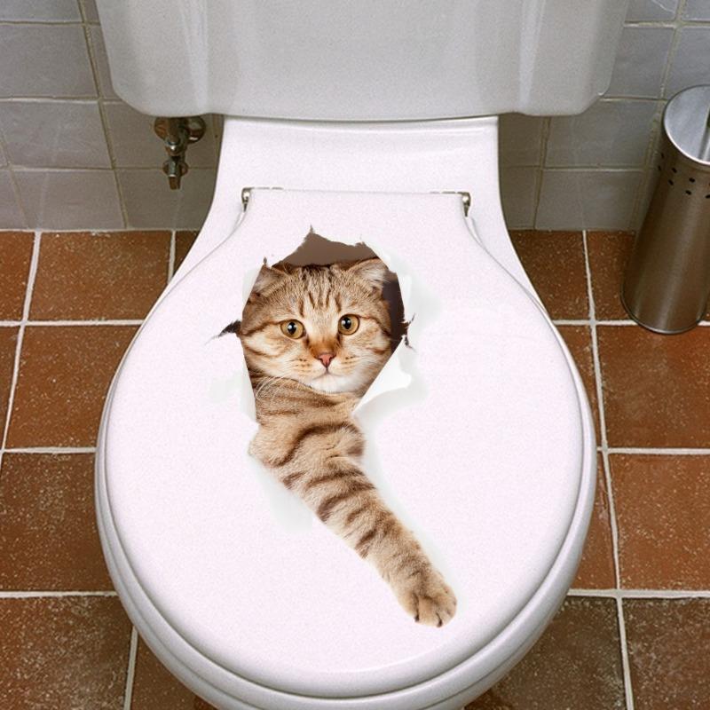 Lovely Cat Toilet Stickers For Wc Washroom Decoration Diy Vivid 3d Look Pet Animal Home Decals Pvc Wall Mural Art Print Posters