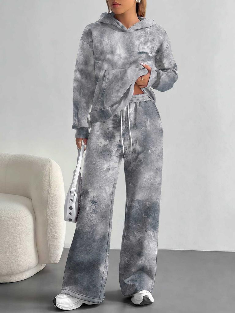 Flowers European, American Autumn and Winter Casual Long-sleeved Suit Women's Hooded Sweater Trousers Two-piece Set