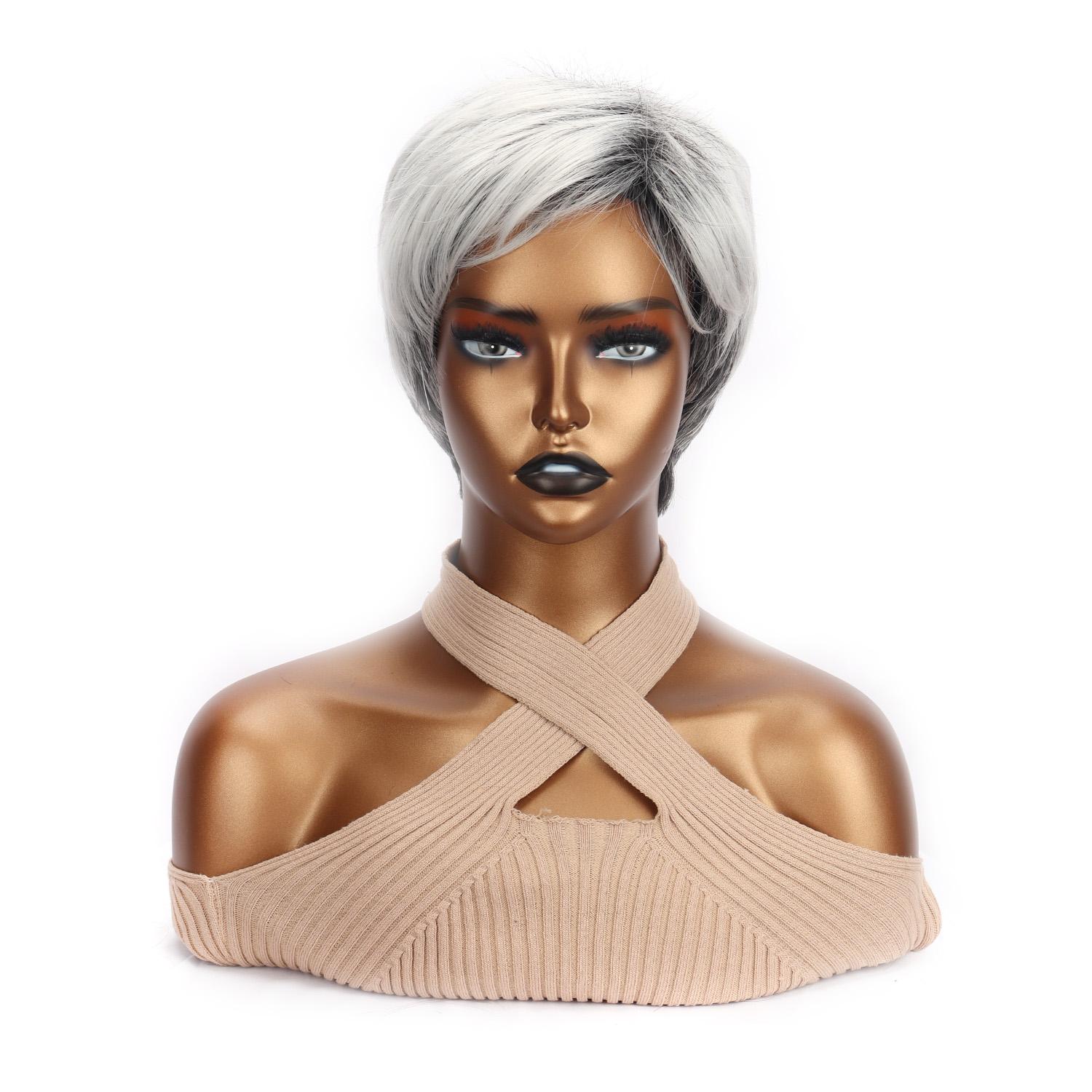 

Синтетичні короткі прямі перуки з подовженою чубчиком Сірі перуки з волокон для жінок 15cm