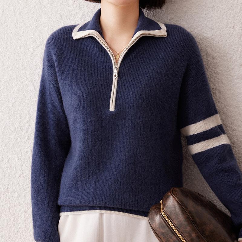 Женский кашемировый свитер с полумолнией контрастного цвета - осень/зима, плотная вязка, свободный крой, повседневный универсальный шерстяной топ