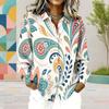 Women Plus Size Collared Long Sleeve Printed Red Floral Button Front Shirt Curved Hem