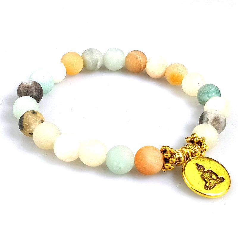 Natural Matte Amazonite Bracelet with Yoga Lotus Pendant - Handmade Buddhist Beads