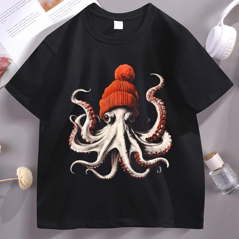 

Funny Octopus Wearing Beanie Retro T-Shirt Unisex Funny T Shirt 90s Graphic Tee Cotton Short Sleeve Male Tees Y2k Clothing S разноцветный