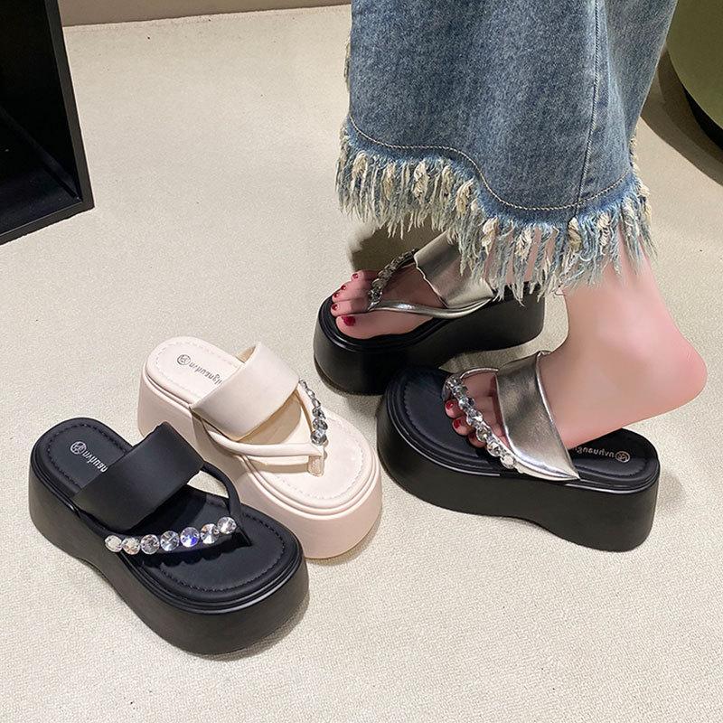 New summer sandals, small height, rhinestone flip-flop slippers
