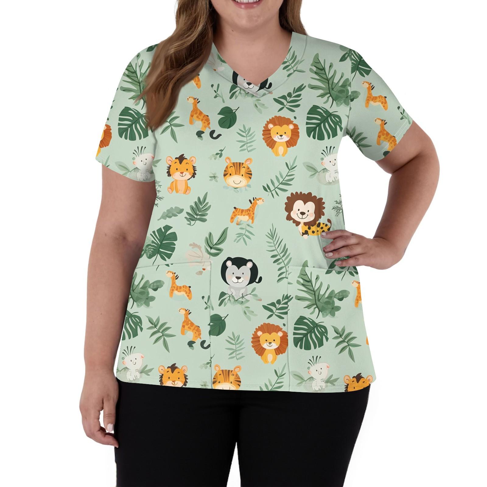 

Женская мода V-образный вырез короткий рукав комбинезон с карманами принт топы одежда M светло-зеленый