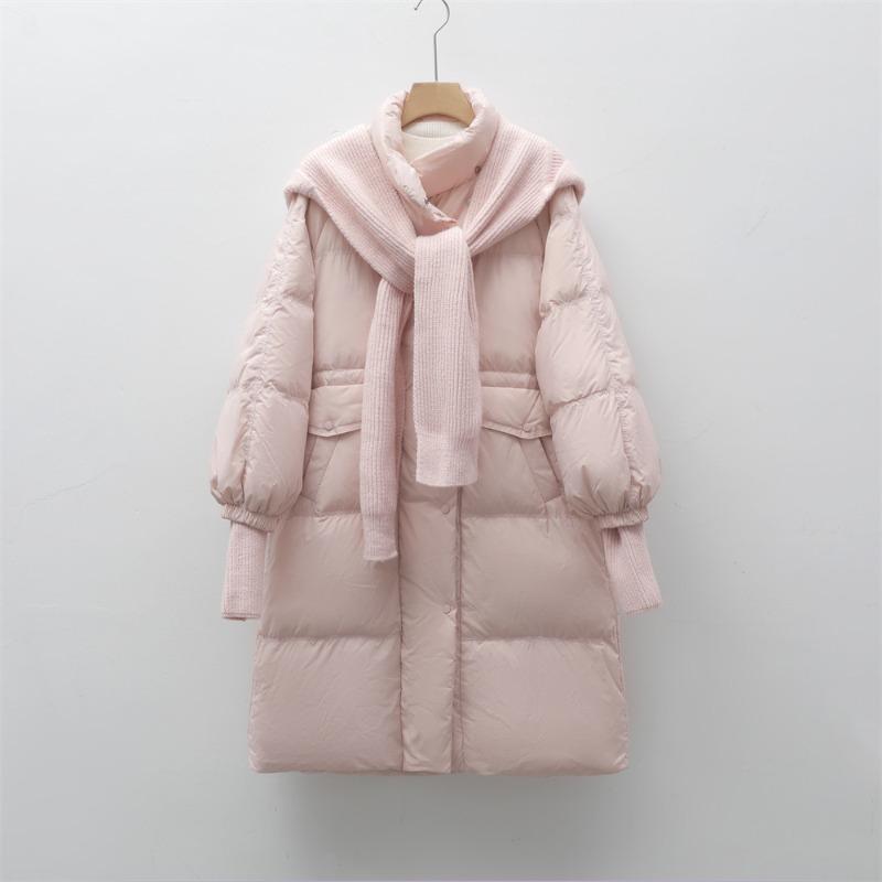 White duck down winter new loose medium and long coat hooded removable knitted hat down jacket women
