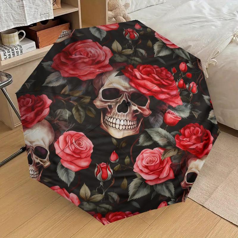 1pc Skulls Roses Pattern Umbrella Design Automatic Opening and Closing Umbrella, High-quality Travel Umbrella,  c1128161