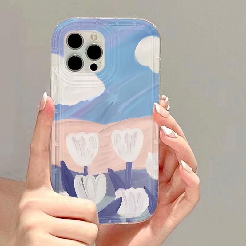 ins wind oil painting tulip for iPhone17Pormax mobile phone case 16pro Apple 14 soft case 15/13