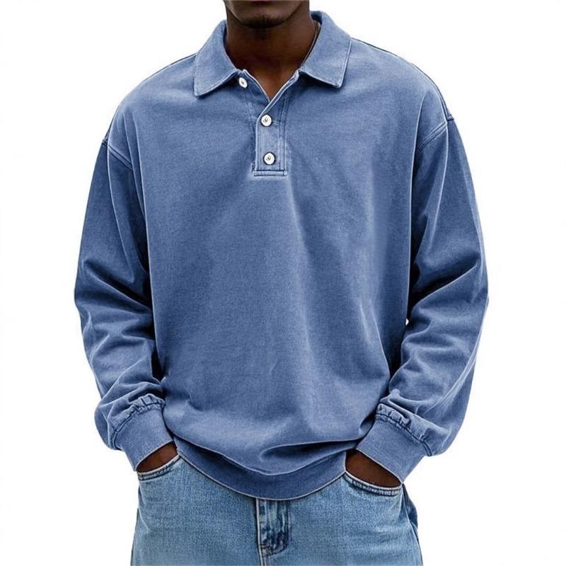 Men's Clothing New Long Sleeve POLO Shirt Pullover Washed T-Shirt