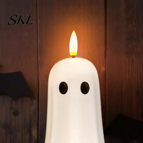 Indoor Festive Atmosphere Lamp Halloween Ghost Flameless Candles, Battery Operated LED Flickering Light, Real Themed Home Decorations Wax Cute