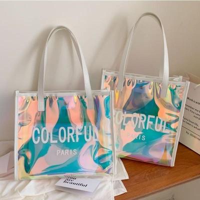 Women'S Jelly Tote Bag Waterproof Transparent Pvc Laser Bag Summer Trend Beach Bag Large Capacity Shoulder Bag