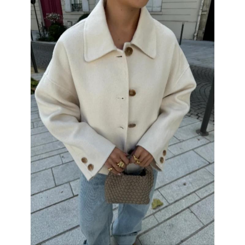 Fashion Single Breasted Cuff Buttons Wool Blends Jackets Woman Long Sleeved Lapel Short Coat Autumn Female High Street Overcoat