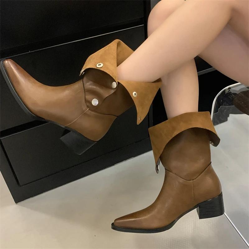 Fashion Eilyken Winter Vintage Fashion Fold Short Pointed Toe Women Ankle Boots Square Low Heels Booties Shoes Zapatos De Mujer