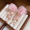 Pink Yarn Mesh Flowers Tassel Dangle Earrings for Women Sweet Girly Imitation Pearl Pendientes Fairy Lolita Party Ear Decoration
