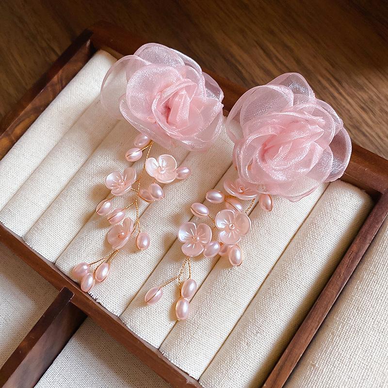 Pink Yarn Mesh Flowers Tassel Dangle Earrings for Women Sweet Girly Imitation Pearl Pendientes Fairy Lolita Party Ear Decoration