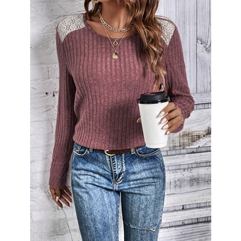 Women Long Sleeve Ribbed Lace Patch Round Neck Casual Top