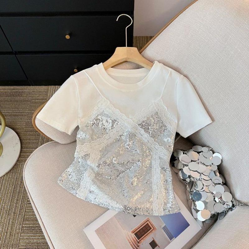 White Lace Camisole Patchwork Short Sleeved Shirt Women's Summer Small Versatile