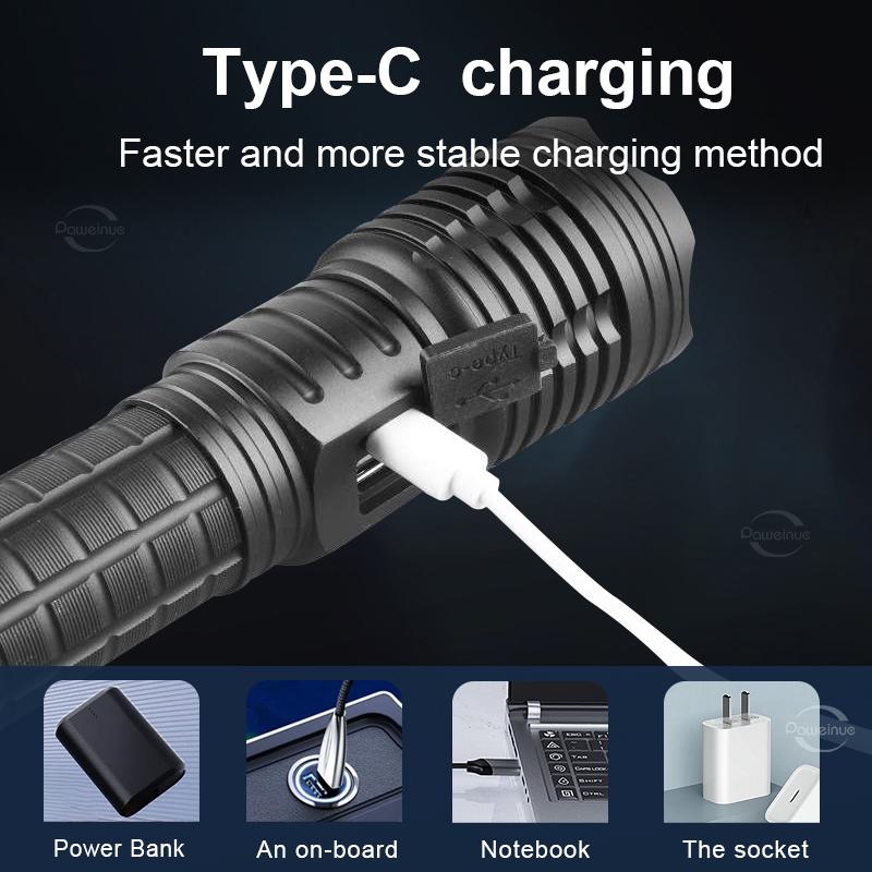 High Power 10000mAh  LED Flashlights Type-C Rechargeable LED Torch  5000M Ultra Powerful Flashlight Outdoor
