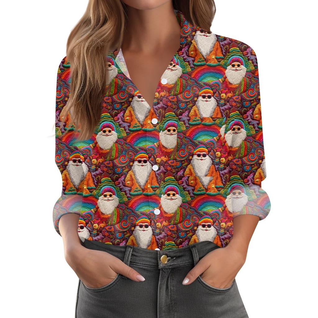 Christmas Party Women's Long Sleeve Shirt Santa Claus Elk Driving Sleigh Delivering Gifts 3D Printed Lapel Button Shirt