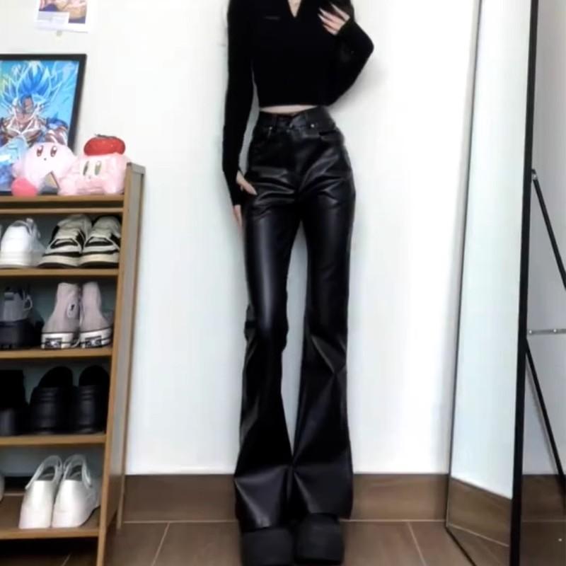 Black micro-flared leather pants women's autumn micro-m leather pants floor-mopping trousers