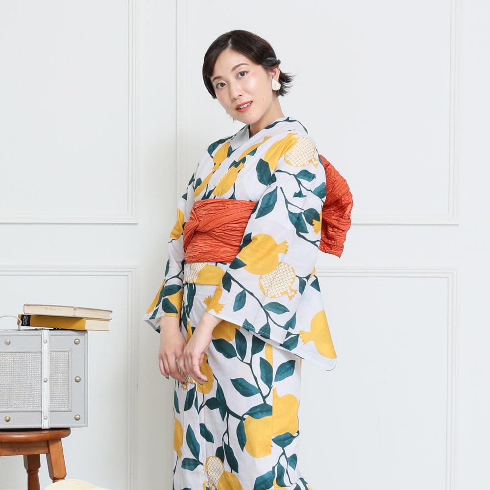 Kyoto Kimono Yuzen Women's Yukata and Obi Set (2-Piece Set) with Floral Pattern (Yellow (Hikida Pomegranate))