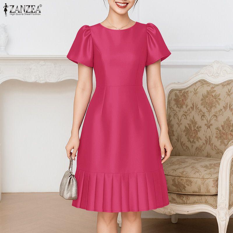 ZANZEA Women Casual Round Neck Summer Short Sleeve Satin Dress