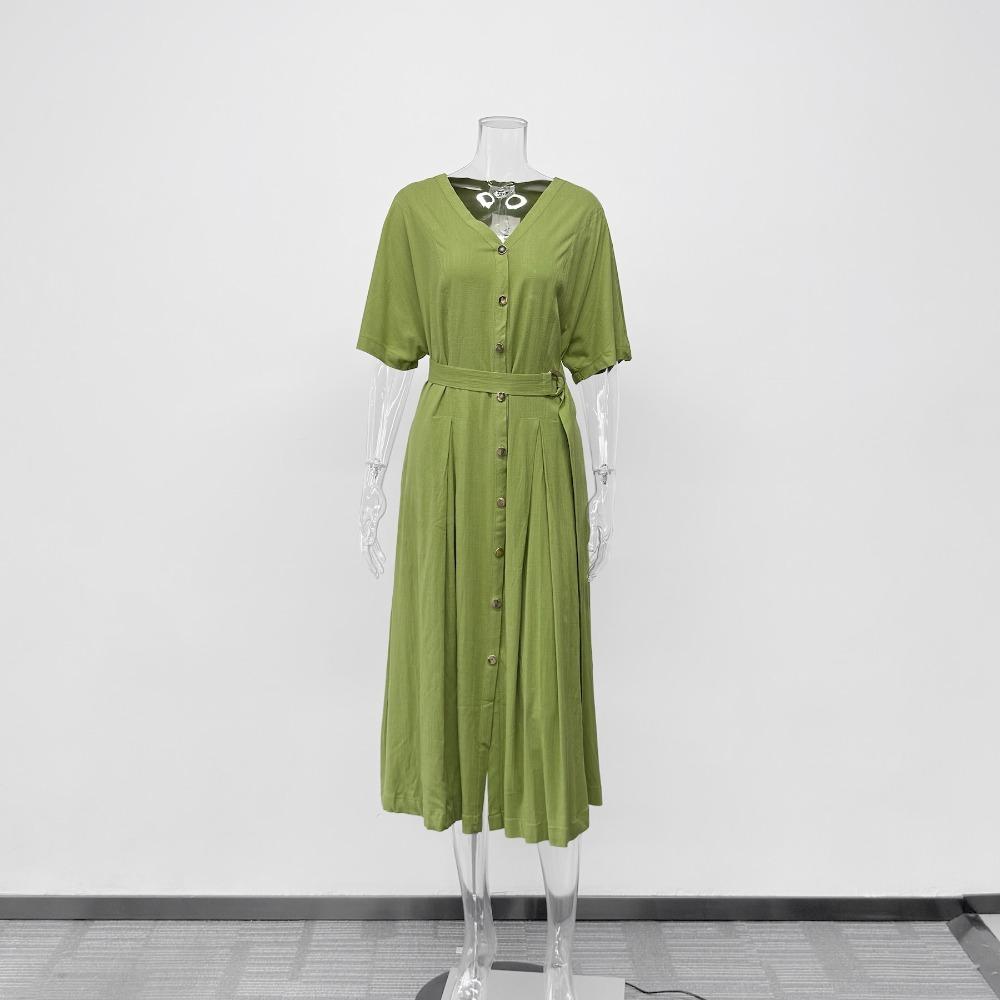 Women's V Neck Short Sleeve Midi Dress Loose Fit Elastic Waist Elegant Style Rayon Linen Blend A Line Dress With Button Belt