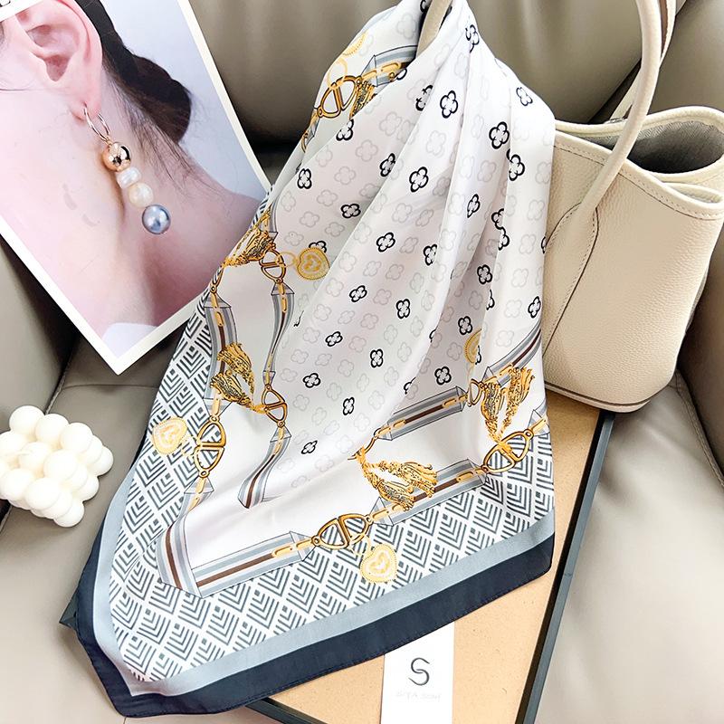 Korean design chain printing high-end silk scarf summer thin imitation silk square scarf versatile neck scarf headscarf