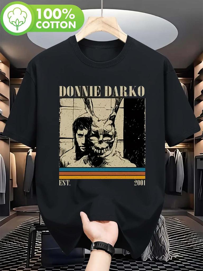 Unisexs Black Tshirt Featuring Patterns From Donnie Darko Movies Showcasing Rabbit And Character Designs