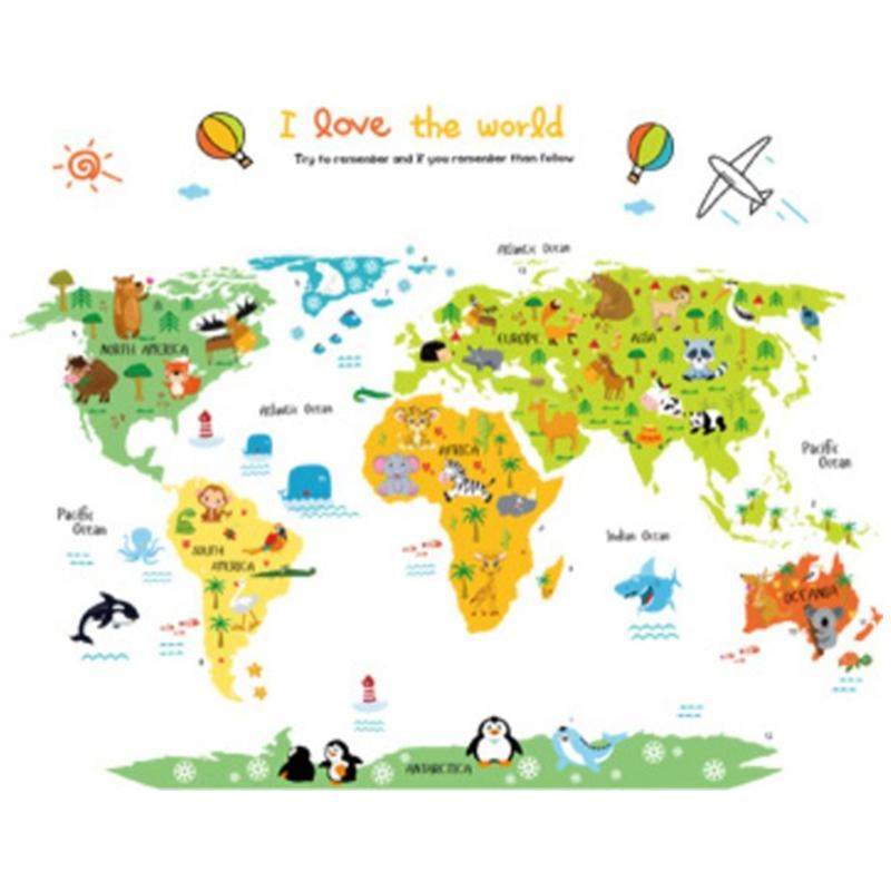 Carte de tribu d'animaux de dessin animé Autocollants Muraux Éducation des Enfants Jeu de Puzzle Connaître le Monde Autocollants Vinyles Bricolage Décoration de Maison Pour la Chambre des Enfants (as the picture,90x57cm whole one)