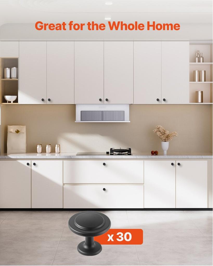 Cabinet Knobs, 30 Pack, 31 mm Black Zinc Alloy Drawer Pulls & Door Handles, Mushroom Kitchen Solid Knobs Dresser Handles, Cupboard Hardware with
