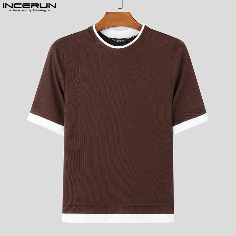 INCERUN Summer Men O Neck Short Sleeve Stitching Rib Skinny Tops T-shirts