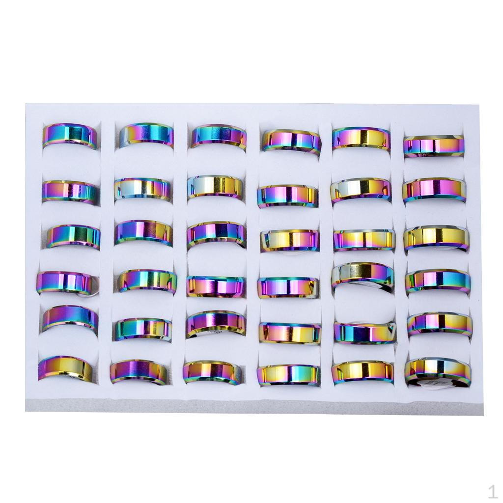 

36шт радужных красочных колец на палец из нержавеющей стали с ремешком 8 мм в коробке