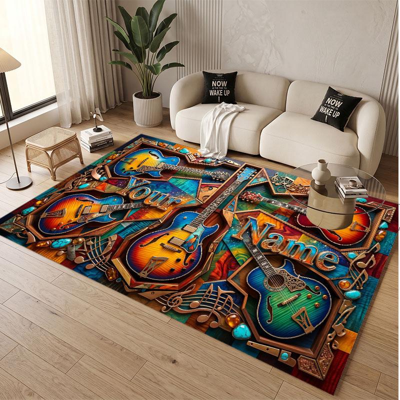 Music Guitar Theme Soft Crystal Velvet Rug Custom Name & Text Print Non Slip Floor Rug for Bedroom Living Room