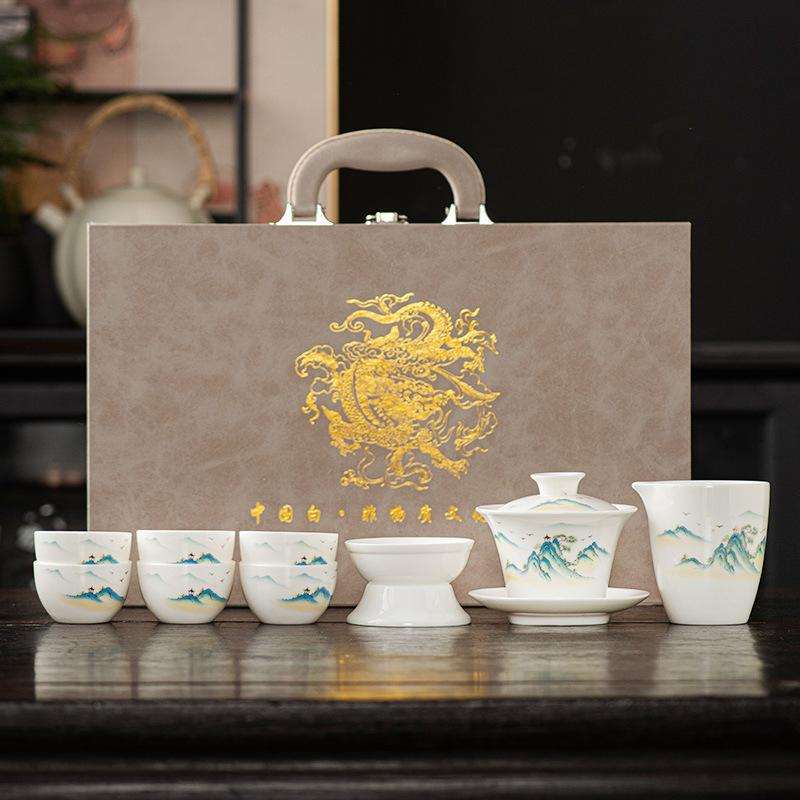 Premium beauty suet jade white porcelain kung fu tea set, household Xishi pot tea cup light luxury high-end gift box