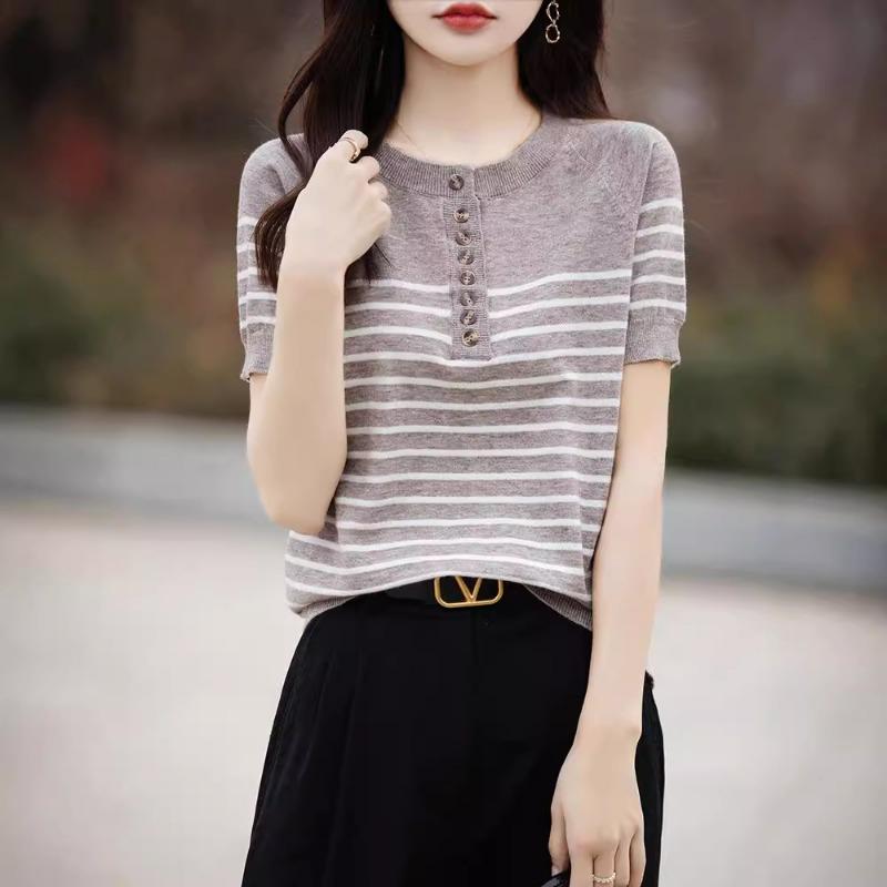 Summer fashion loose striped short-sleeved T-shirt women's contrasting color half-open neck knitted half-sleeved women's top